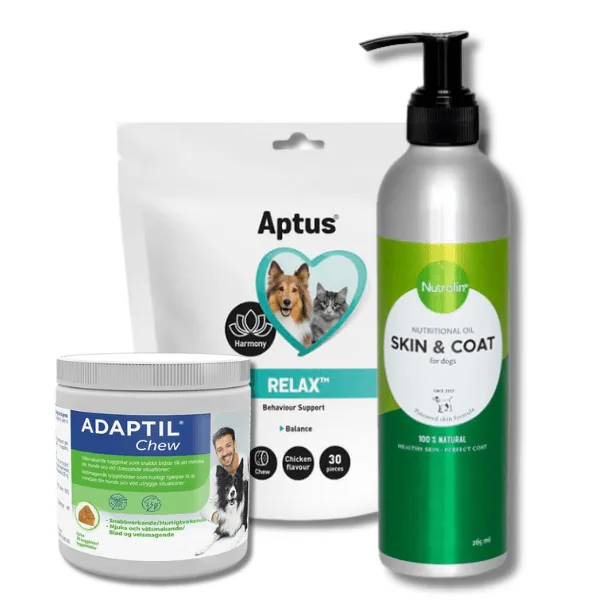 Kosttillskott för hund: Aptus Relax, Adaptil Chew och Nutrolin Skin & Coat
