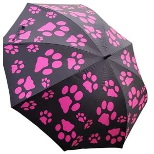 Milo paraply / parasoll svart med rosa tassar. Diameter 140 cm.