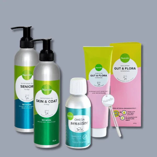 Nutrolin kosttillskott för hund: Senior, Skin & Coat, Omega Sensitive och Gut & Flora