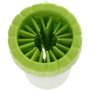 Tasstvätt, transparent plastbehållare och limegrön borst i mjuk TPR-gummi