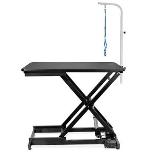 Elektriskt höj- och sänkbart trimbord med trimgalge och koppel. Svart med svart gummimatta, 120x60x40-105 cm.