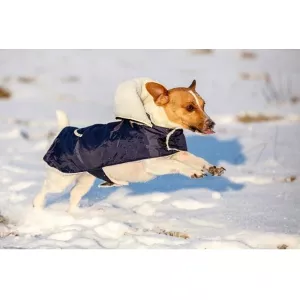 Teddy hundtäcke med teddyfoder och avtagbar huva - blå/vintervit