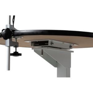 Trimbord air-lift, runt med svart bordsskiva och vitt underede. Diameter 60 cm, höj- och sänkbart 78-98 cm.