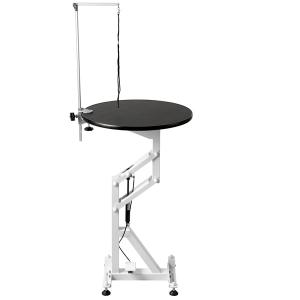 Trimbord air-lift, runt med svart bordsskiva och vitt underede. Diameter 60 cm, höj- och sänkbart 78-98 cm.
