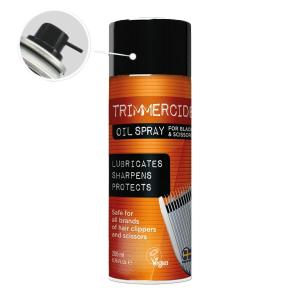Trimmercide Oil Spray smörjer och skyddar skär och saxar. Innehåller 200 ml.