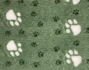 Vetbed hundfäll Bigfoot grön med stora vita och små gröna tassar. Gummerad baksida.