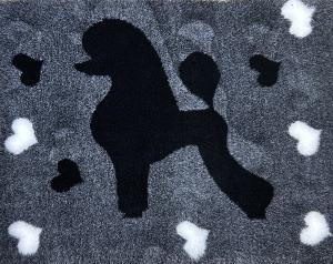 Vetbed hundfäll gråmelerad med svart pudelsiluett, svarta och vita hjärtan