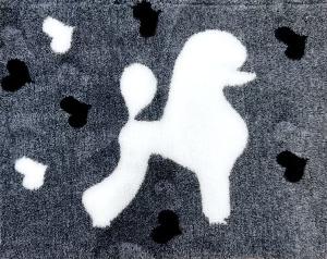 Vetbed hundfäll gråmelerad med vit pudelsiluett, svarta och vita hjärtan