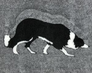 Vetbed Grå hundfäll med Border collie. ca 75x100 cm. Gummerad baksida.