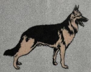 Vetbed hundfäll ljusgrå med Schäfer, ca 75x100 cm. Gummerad baksida.