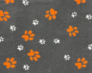 Vetbed hundfäll mörkgrå med stora orange och små vita tassar. Gummerad baksida.