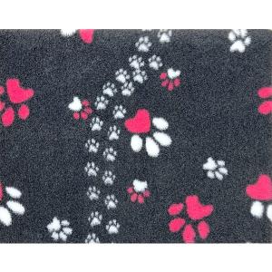 Vetbed hundfäll Slinga, mörkgrå med rosa och vita tassar. Gummerad baksida. 75x100 cm.