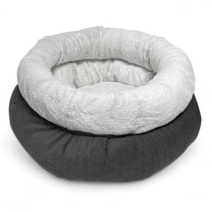 Rund hundbädd med mörkgrått yttertyg samt kant och insida i supermjuk ljusgrå plysch, diameter 40 cm