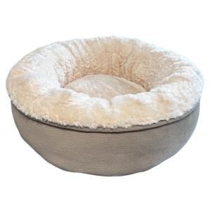 Rund hundbädd med cappuccino-färgad utsida och gräddvit insida i lurvig plysch, diameter 46 cm