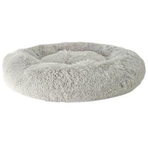 Rund hundbädd i supermjuk, långhårig ljusgrå plysch. Diameter 70 cm, höjd 20 cm.