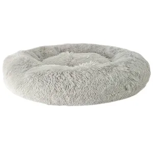Rund hundbädd i supermjuk, långhårig ljusgrå plysch. Diameter 70 cm, höjd 20 cm.