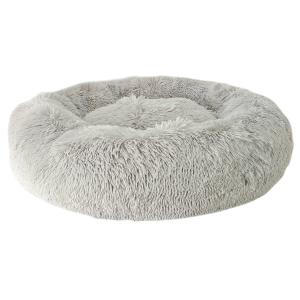 Rund hundbädd i supermjuk, långhårig ljusgrå plysch. Diameter 50 cm, höjd 20 cm.