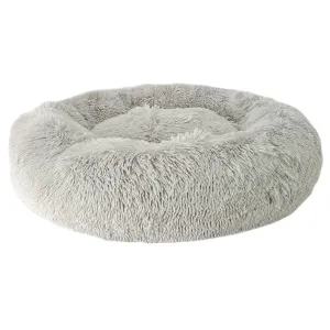 Rund hundbädd i supermjuk, långhårig ljusgrå plysch. Diameter 50 cm, höjd 20 cm.