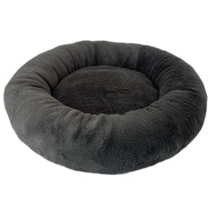 Fluffig, rund hundbädd i mörkgrå plysch. diameter 50 cm