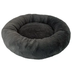 Fluffig, rund hundbädd i mörkgrå plysch. diameter 50 cm