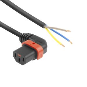 Apparatkabel C13 vinklad vänster IEC LOCK+ - öppen ände - SVART