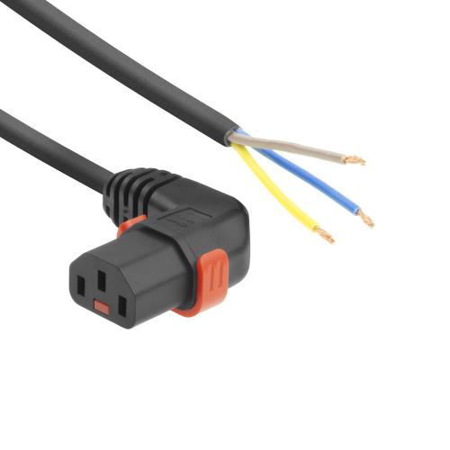 Apparatkabel C13 vinklad höger IEC LOCK+ - öppen ände - SVART