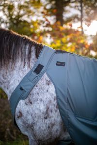 Naturlig komfort möter innovativ design. En häst i ett Freelayer-täcke visar designen för rörelsefrihet.