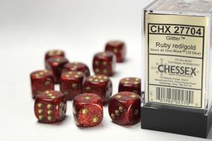 Glitter 16 mm d6 Ruby/gold Dice Block (12 dice)