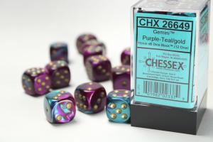 Gemini 16mm d6 Purple-Teal w/gold Dice Block (12 dice)