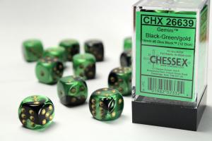 Gemini 16mm d6 Black-Green w/gold Dice Block (12 dice)