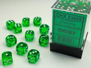 Translucent 12mm d6 Green/white Dice Block (36 dice)