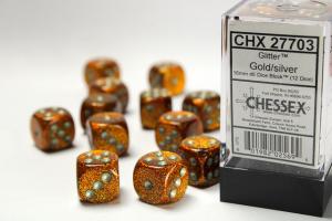 Glitter 16 mm d6 Gold/silver Dice Block (12 dice)