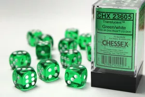 Translucent 16mm d6 Green/white Dice Block (12 dice)