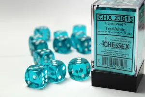 Translucent 16mm d6 Teal/white Dice Block (12 dice)