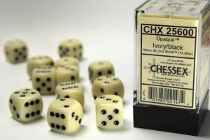 Opaque 16mm d6 Ivory/black Dice Block (12 dice)