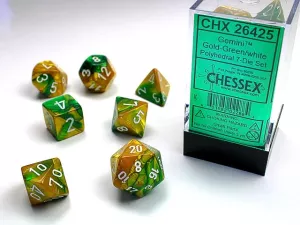 Gemini Polyhedral Gold-Green/white 7-Die Set