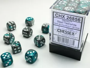 Gemini 12mm d6 Steel-teal/white Dice Block (36 dice)