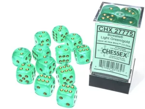 Borealis 16mm d6 Light Green/gold Luminary Dice BlockTM (12 dice)