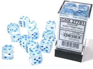 Borealis 16mm d6 IcicleTM/light blue Luminary Dice BlockTM (12 dice)