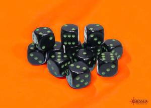 Opaque 16mm d6 Black/green Dice Block (12 dice)
