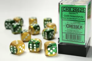 Gemini 16mm d6 Gold-Green w/white Dice Block (12 dice)