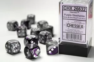 Gemini 16mm d6 Purple-Steel w/white Dice Block (12 dice)