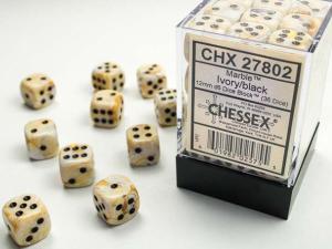 Marble 12mm d6 Ivory/black Dice Block (36 dice)