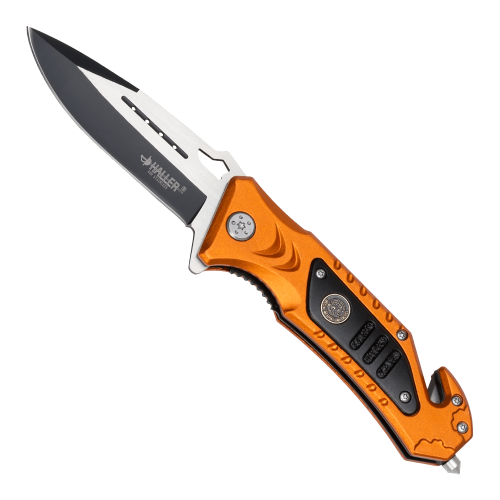 Haller Rescue Fällkniv 440 Glasbrytare Stainless Orange