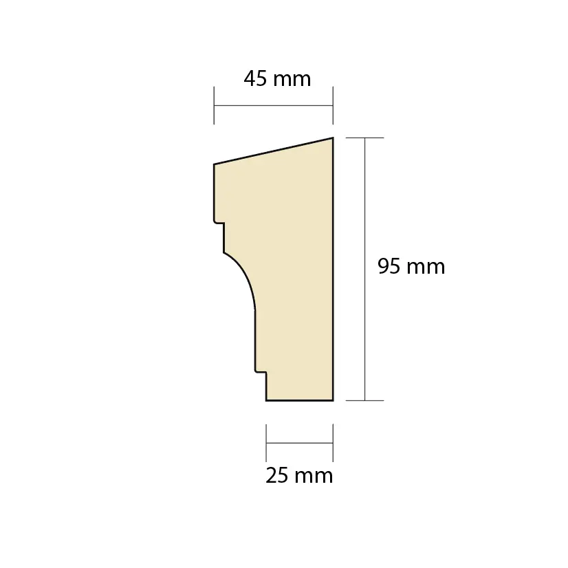 Crown molding with slanted top edge 45 x 95 mm