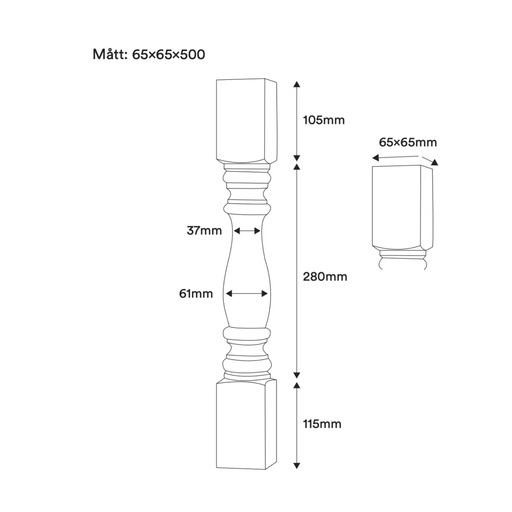 Stolpe Baluster - Svarvad - 500 x 65 mm - Nr. 11-NG-105