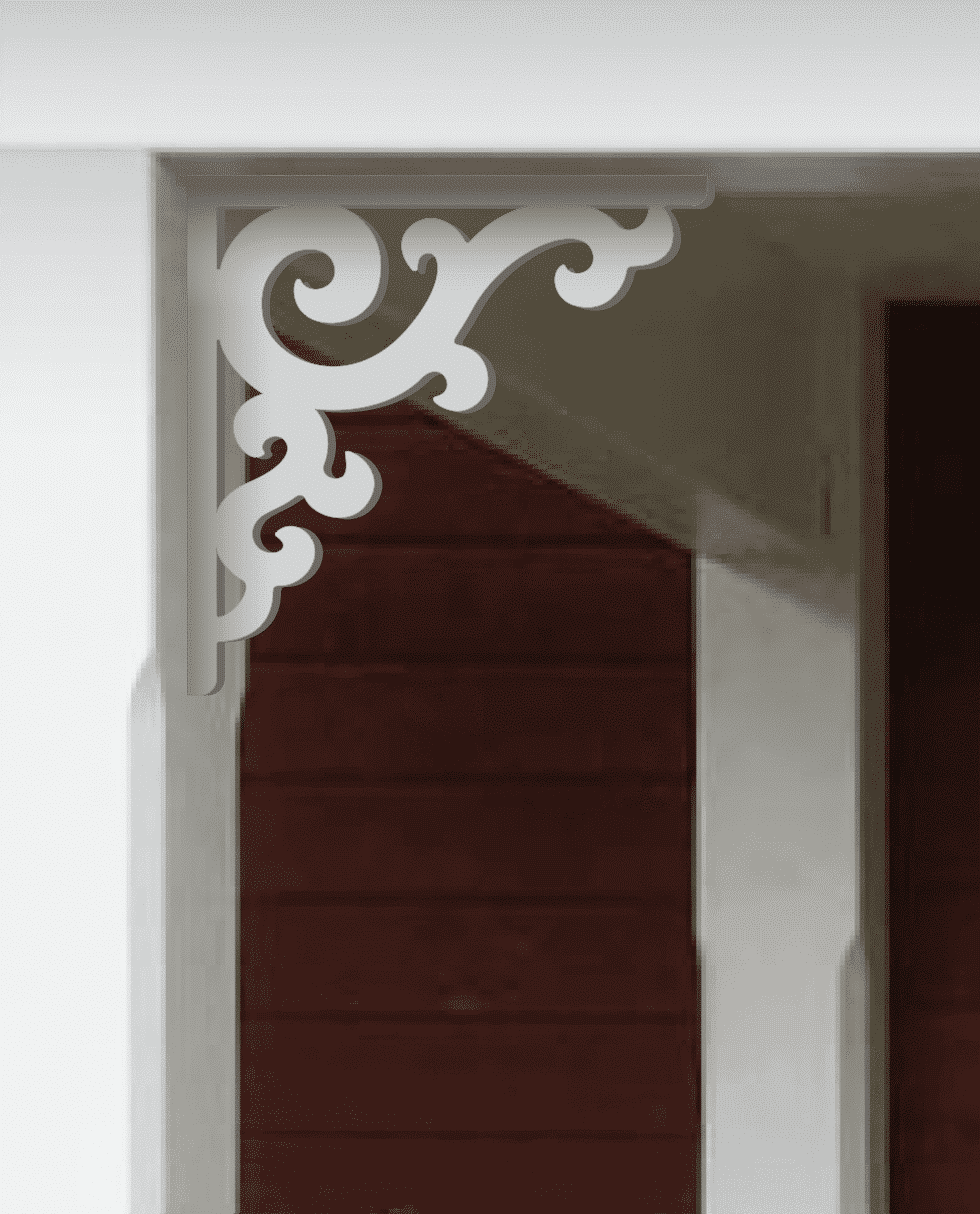 Victorian bracket 001 in a red porch decorated with from Gaveldekor from Sweden.