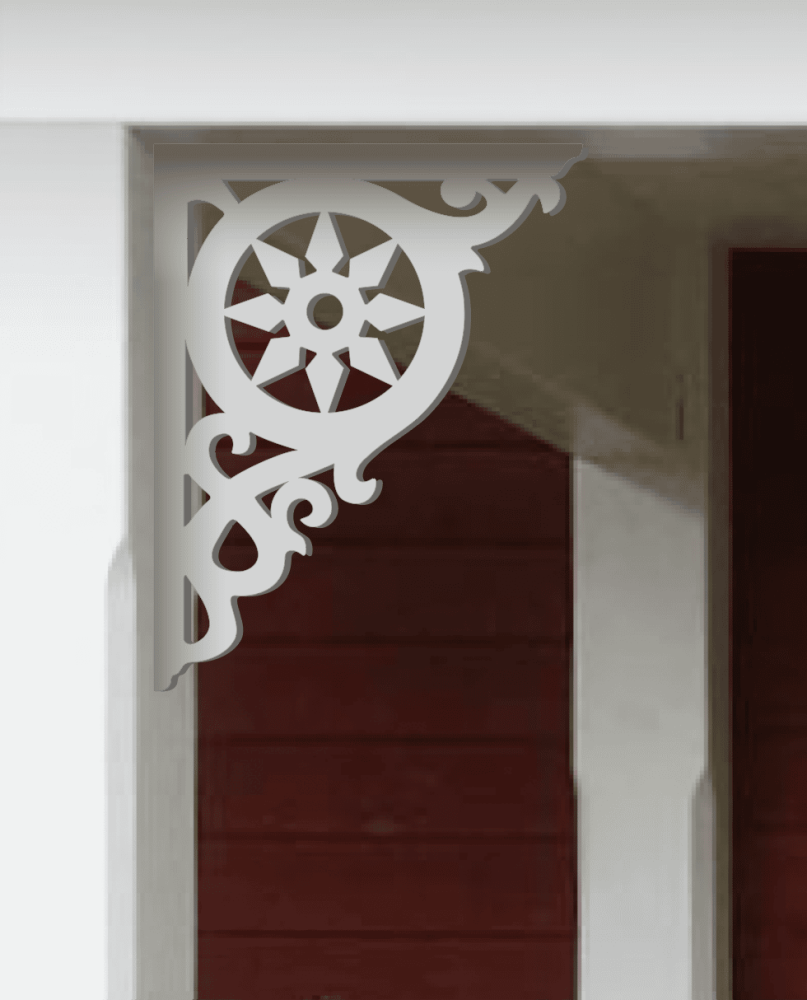 Victorian bracket 003 in a red porch decorated with from Gaveldekor from Sweden.
