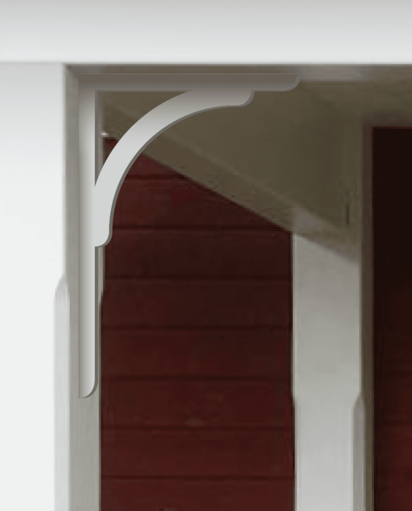 Victorian bracket 005 in a red porch decorated with from Gaveldekor from Sweden.