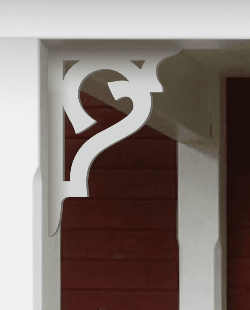 A white painted Victorian bracket 007B in a red porch decorated with from Gaveldekor from Sweden.